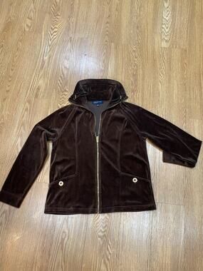 Y2K Jones NY Brown Velour Gold Zip Up Sweatshirt Size Large